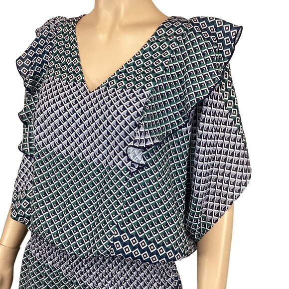 Parker Geometric Print VNeck Ruffle Sleeve Dress Medium Mini Dress Stretch Waist - Picture 8 of 9